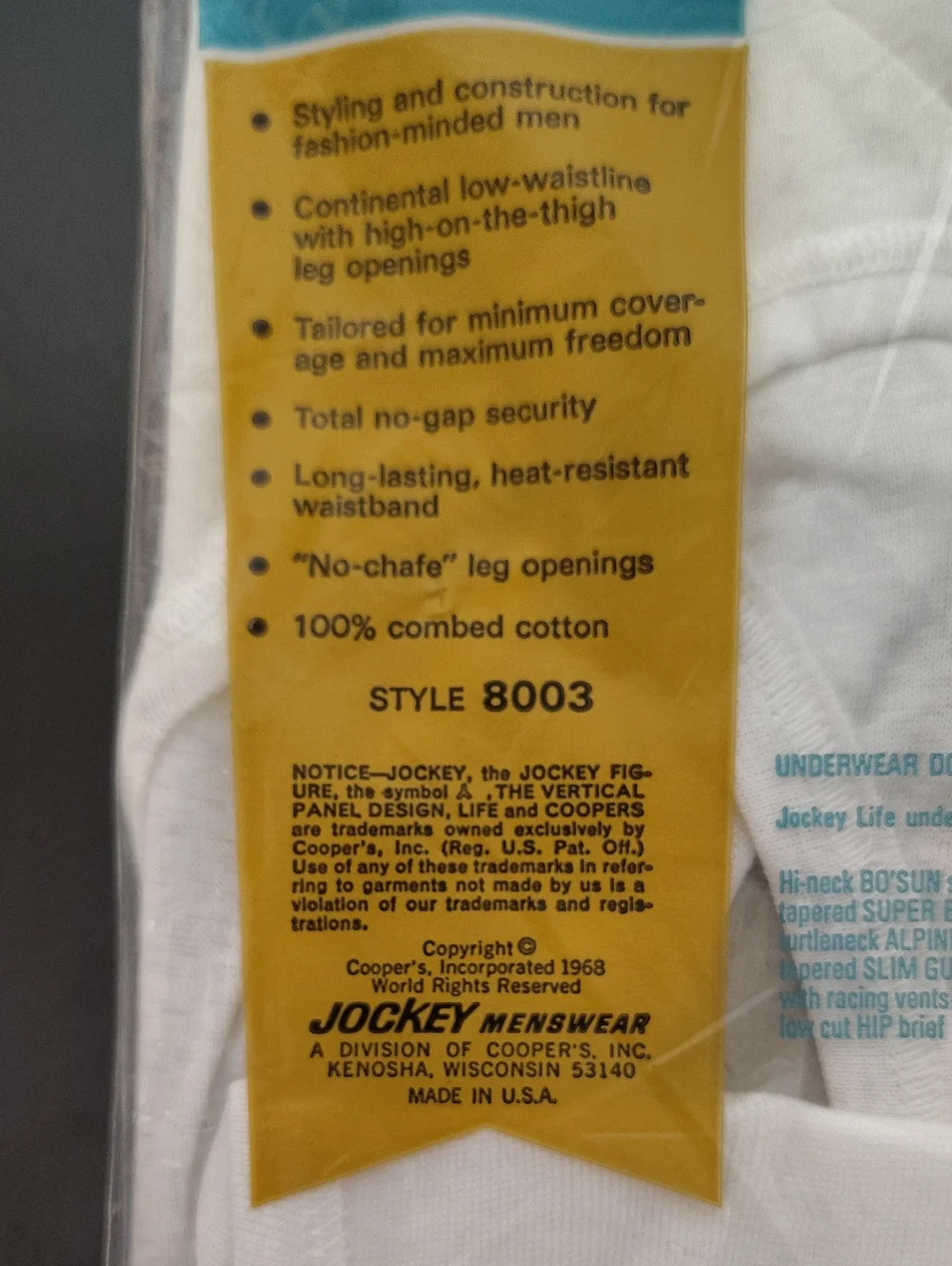 1968 VTG Jockey Life Lo Rise Slim Guy Men Brief WHITE -100% Cotton -Size 34 NOS